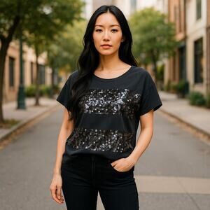 LOFT Womens Top Size‎ Small Black Sequined Striped Short Sleeve Ann Taylor NEW